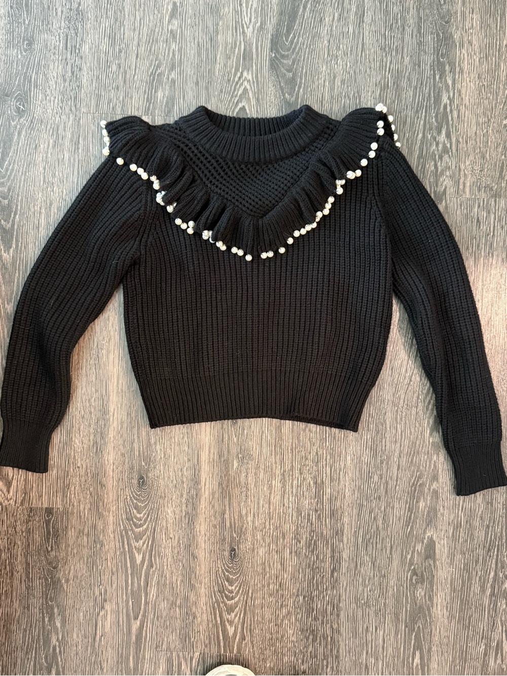 Zara Black Ruffle Sweater with Pearl Trim